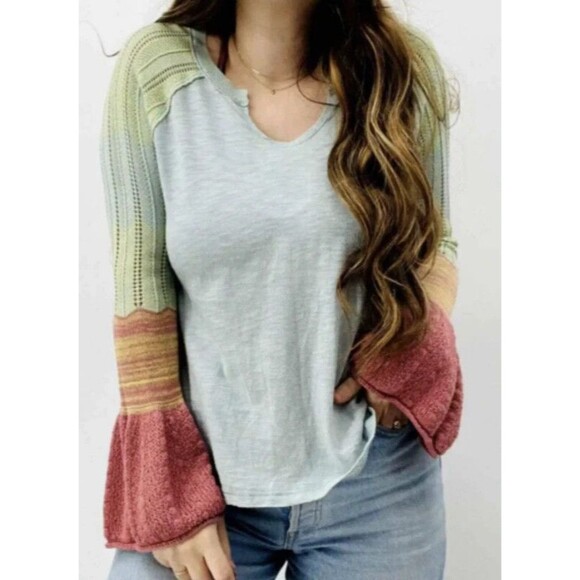 Sundance Cozy Canyon Bell Sleeve Top Blue Split Neck Knit Raglan Sleeve SMALL - Picture 1 of 7